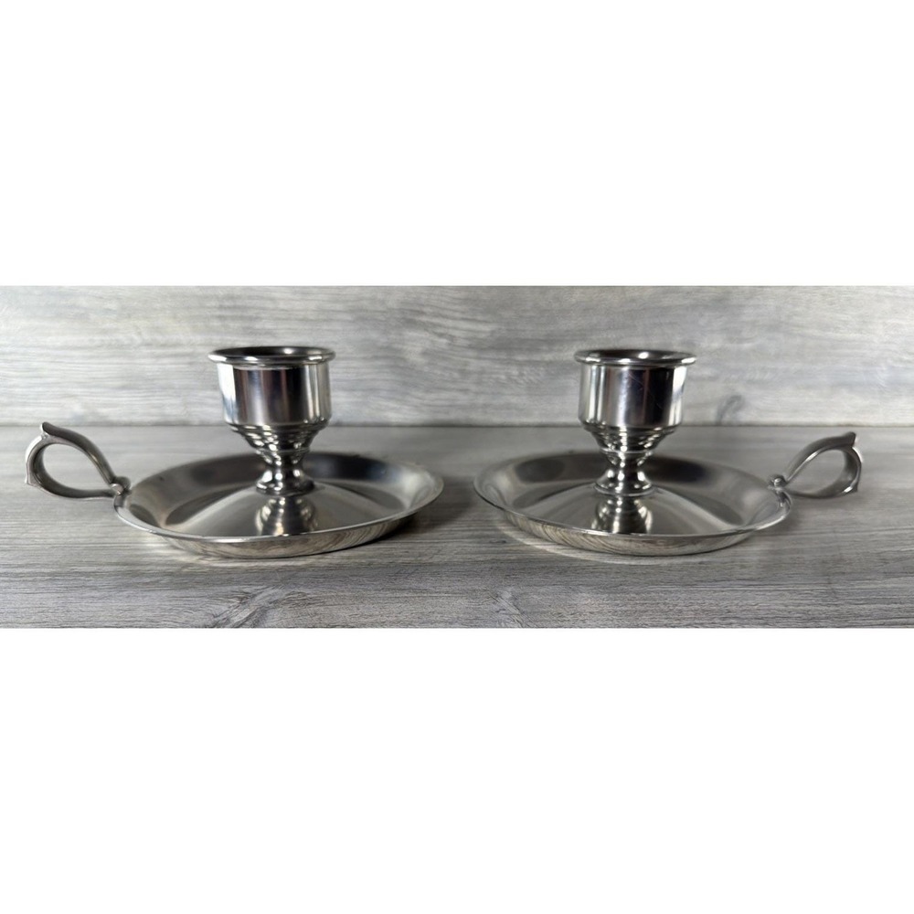 Pair Vtg Kirk Stieff Pewter Chamberstick Candle Holder Finger Loop Colonial P77